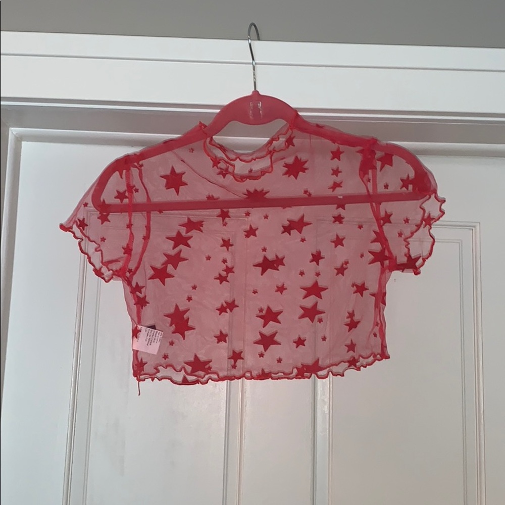 Red Mesh Crop Top with Stars
